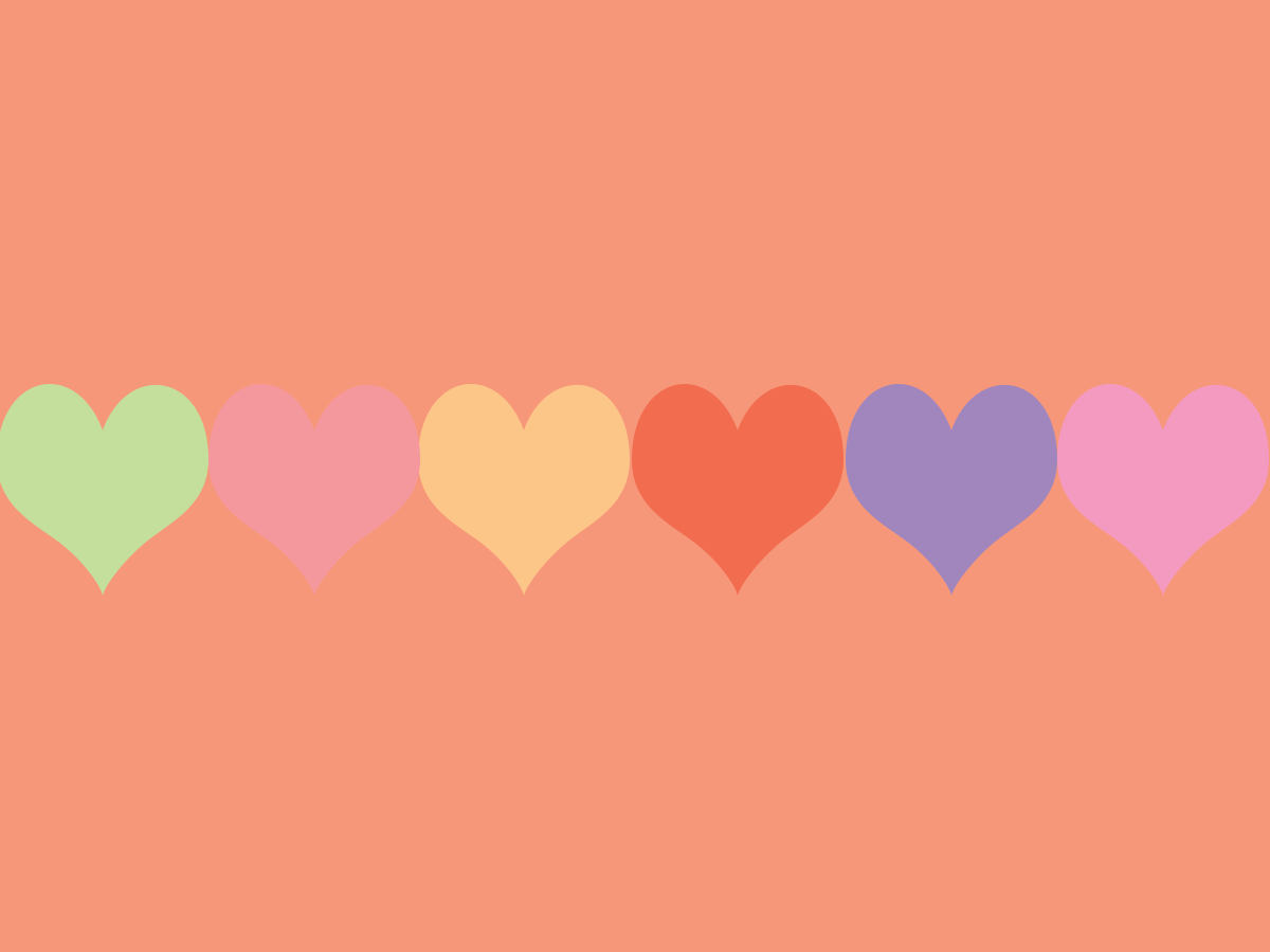 Different colored hearts in a horizontal line